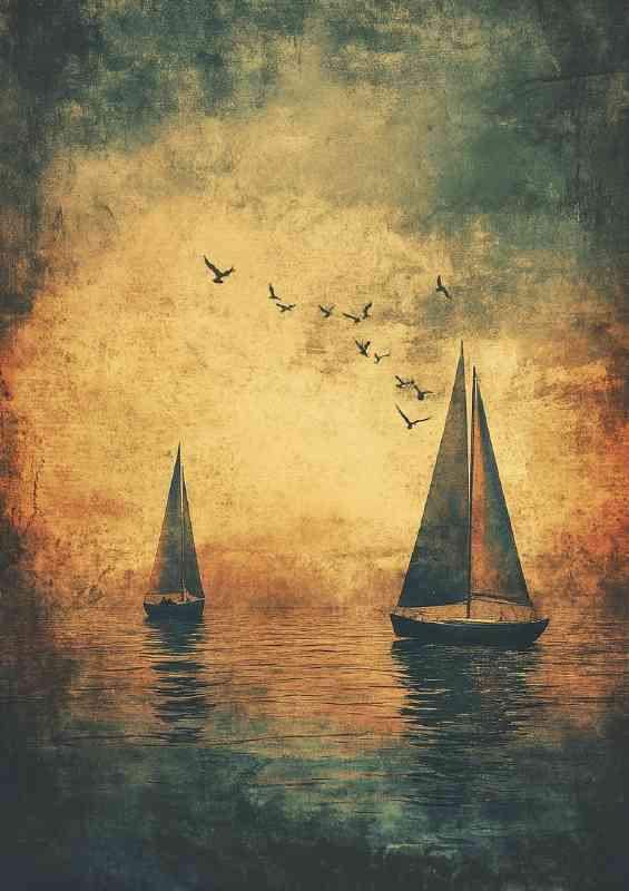 Two sailboats on the water with birds flying | Metal Poster