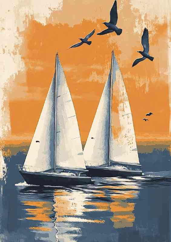 Two sailboats on the water with birds flying overhead | Metal Poster