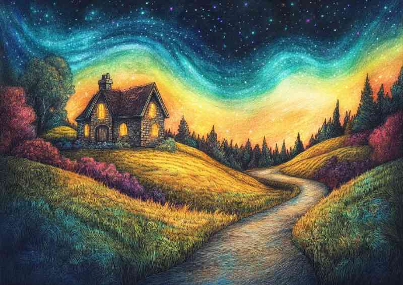 A beautiful pencil drawing of an old English cottage night skies | Metal Poster