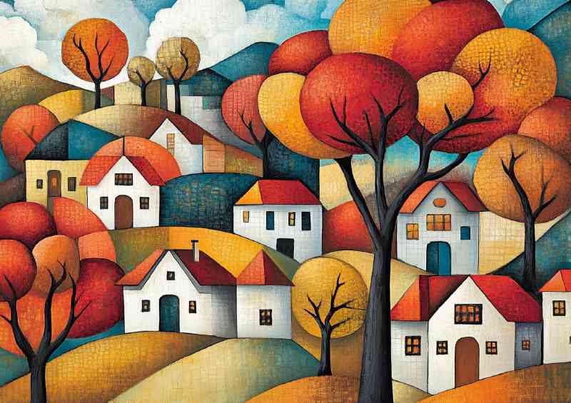 Abstract cubist painting depicting trees and house colourful | Di-Bond