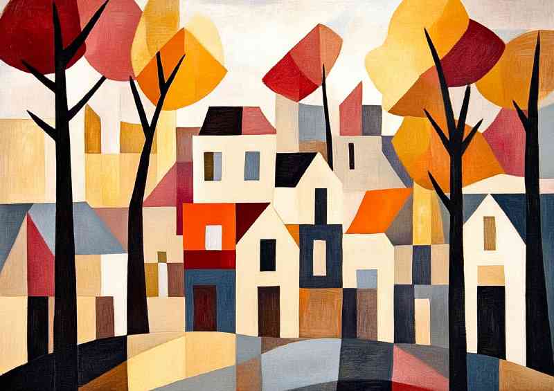 Abstract cubist painting depicting trees and house in auntum | Poster
