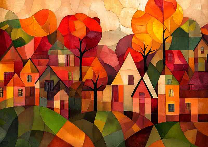 Autumn village colours in the style of cubist | Poster