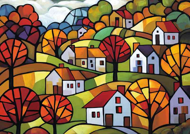 Autumn village in the style of cubist | Poster