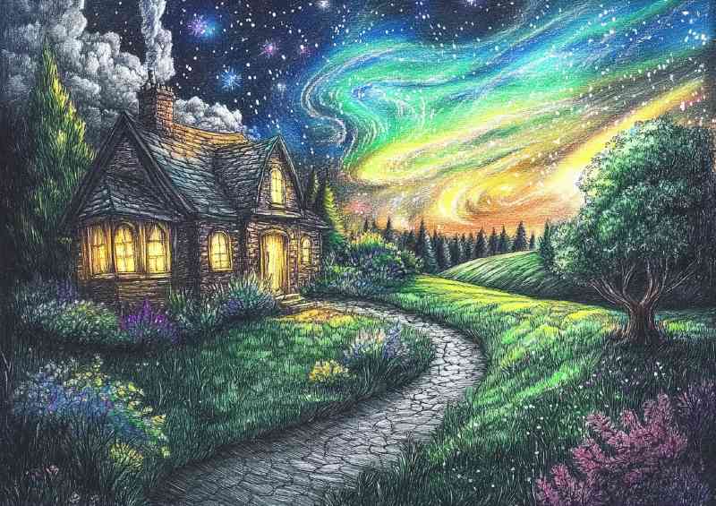 Beautiful pencil drawing of an old English cottage landscape | Poster