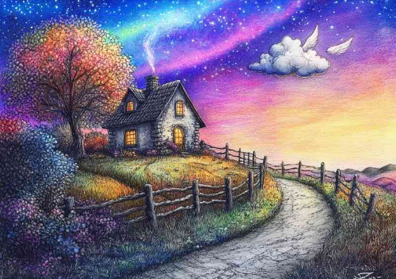 Beautiful pencil drawing of an old cottage | Poster