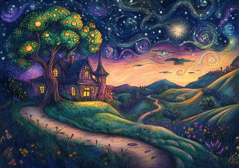 Colorful drawing of an old witchs house | Metal Poster