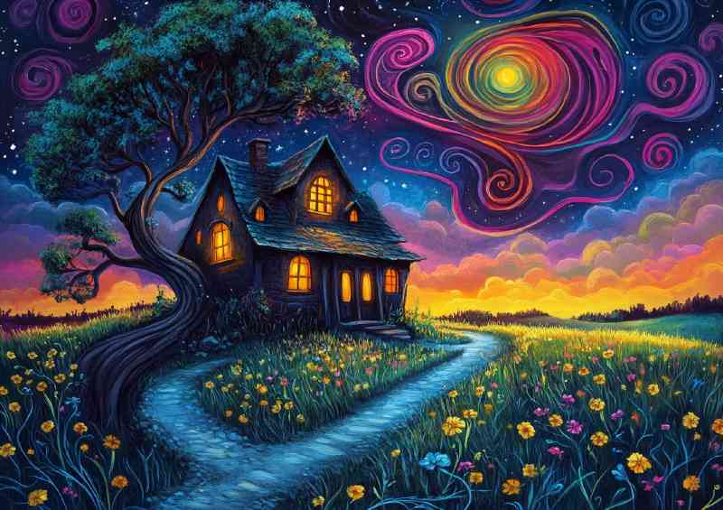 Detailed painting of an old house in the hils swirly winds | Metal Poster