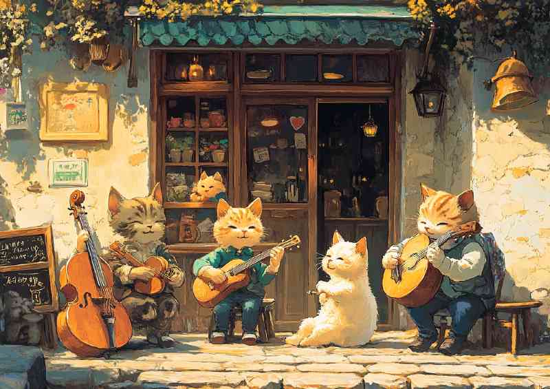 Street scene with cats and dogs playing music | Canvas