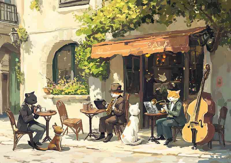 Street scene with cute cats and dogs sitting music | Metal Poster