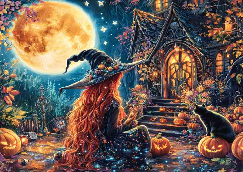 Witch with long red hair and a black cat full glowing moon | Canvas