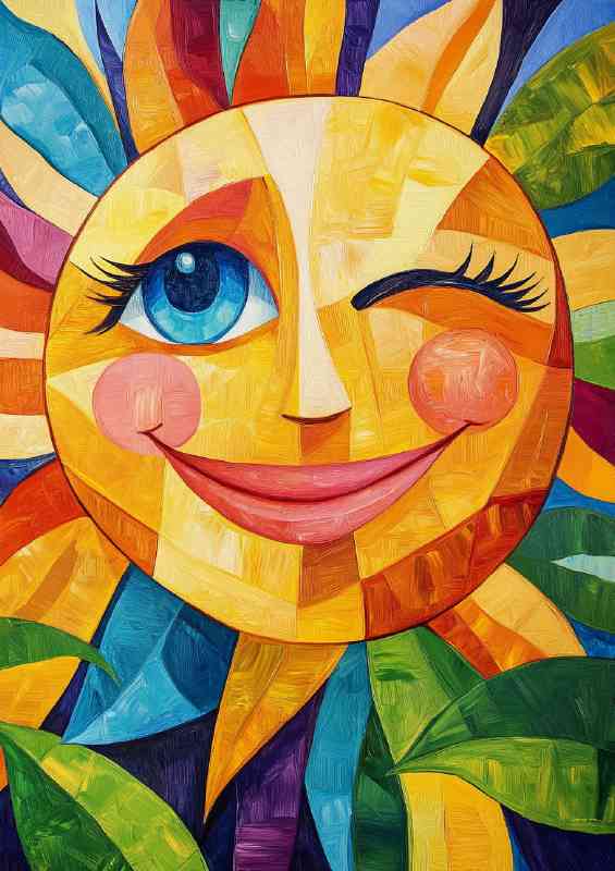 Abstract colorful painting of a happy smiling sun | Poster