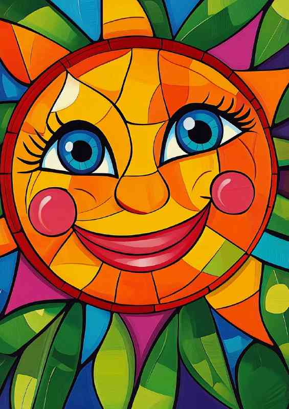 Abstract colorful painting of a happy smiling sun with red cheeks | Di-Bond