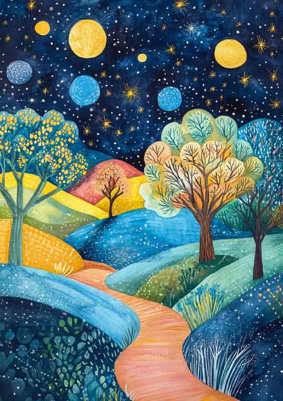 Landscape painting with trees and hills | Metal Poster