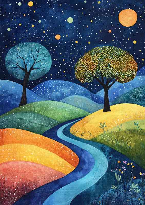 Landscape painting with trees and hills at night | Metal Poster