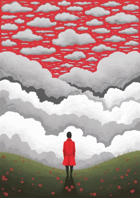 Landscape with a vivid red sky filled with clouds | Poster