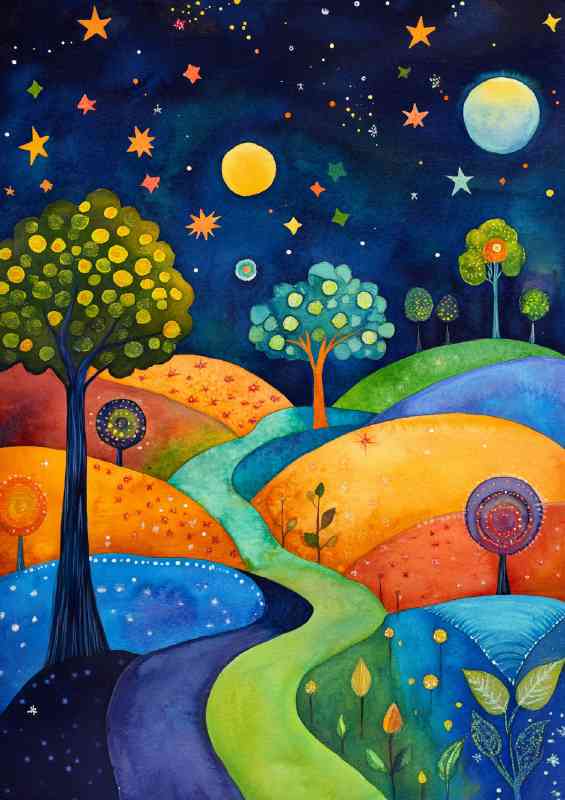 Whimsical landscape painting with trees and hills at night | Metal Poster