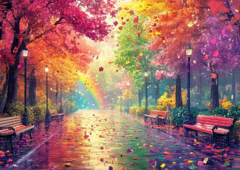 Colorful street with trees and leaves | Canvas