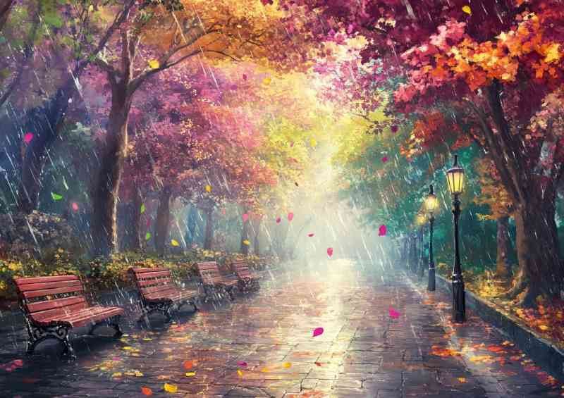 Colorful street with trees and leaves falling down the path | Poster