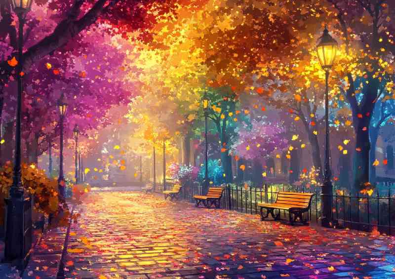 Colorful tree lined street with falling leaves | Canvas