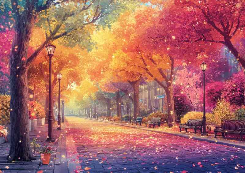 Colorful tree lined street with falling leaves brightly lit | Canvas