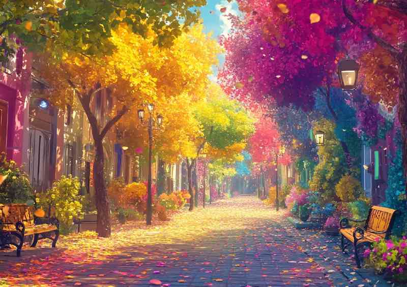 Colorful tree lined street with falling leaves at fall | Di-Bond