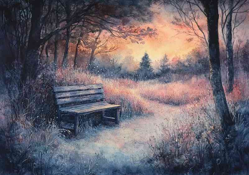 Dreamy landscape with an old wooden bench surrounded woodland | Poster