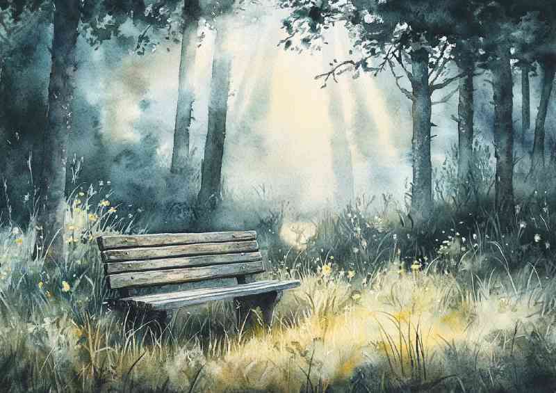 Dreamy watercolor illustration of an old wooden ben ch | Canvas