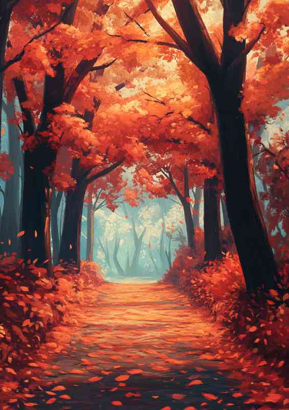 A forest path lined with red and orange leaves | Poster