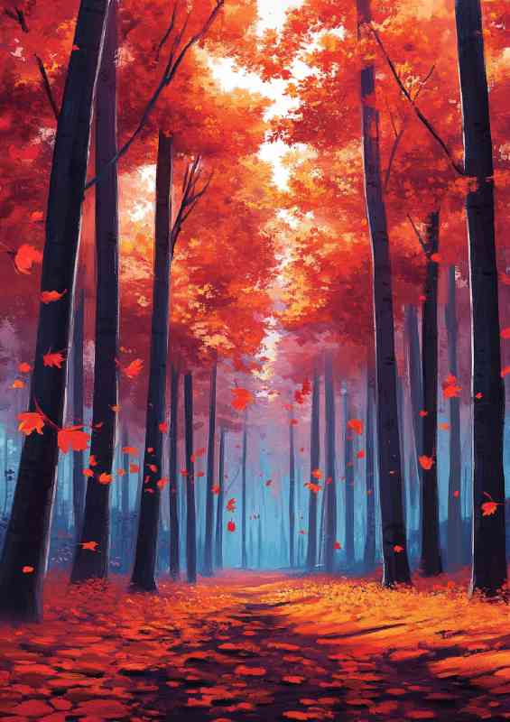 Autumn forest with red and orange leaves on the ground | Metal Poster