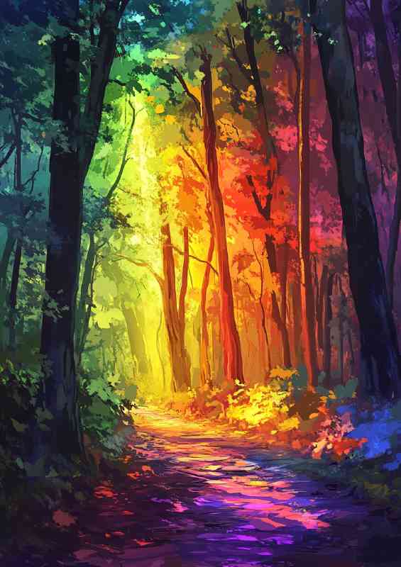 Colorful forest rainbow light shining through the leaves | Poster
