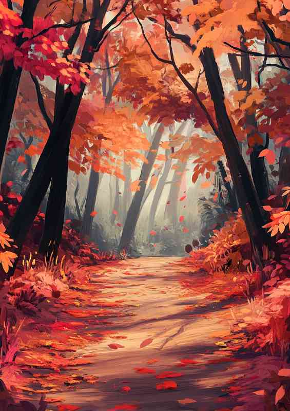Forest path lined with red and orange leaves | Poster