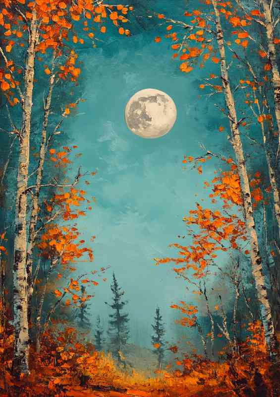 Oil painting depicting trees and leaves in the moon | Metal Poster