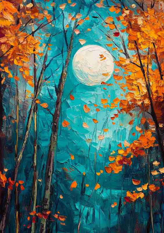 Oil painting depicting trees and leaves in the moon abstract | Metal Poster