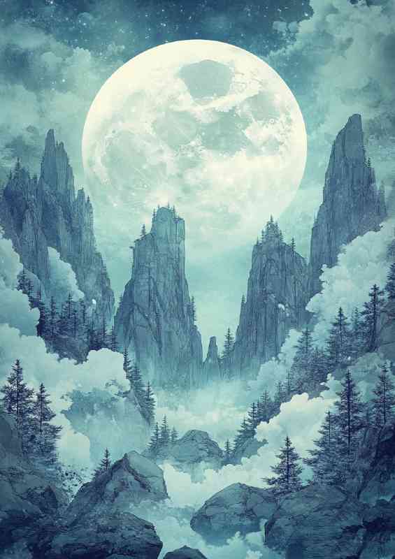 Anime style illustration of the moon hanging over mountains | Poster