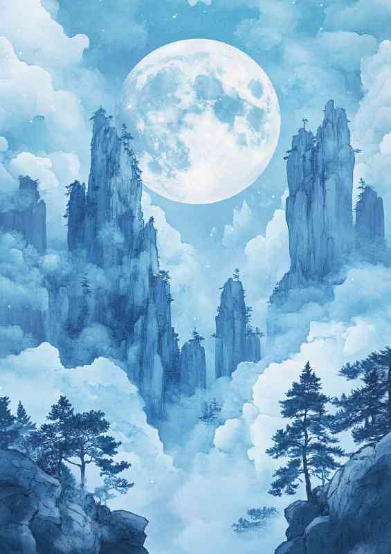 Anime style moon over the mountains | Poster