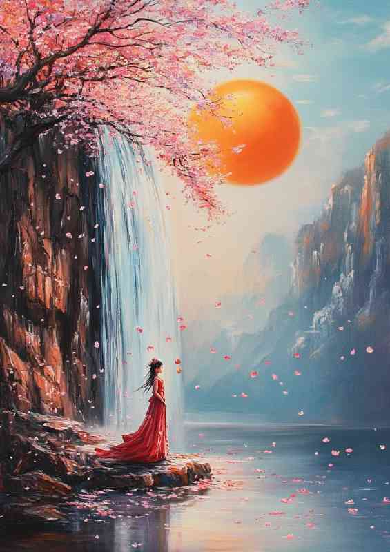 Style of a Chinese ancient girl orange moon | Metal Poster