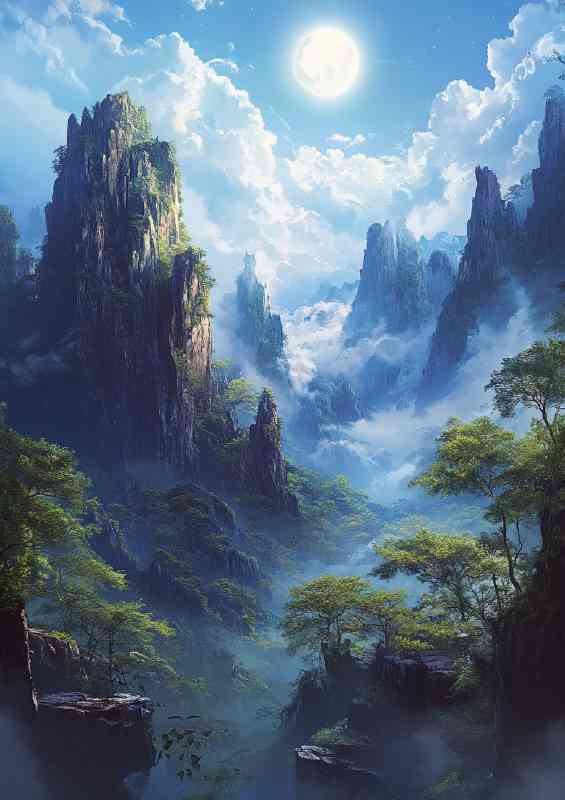 The moon is shining brightly the sky blue and full of mountains | Poster