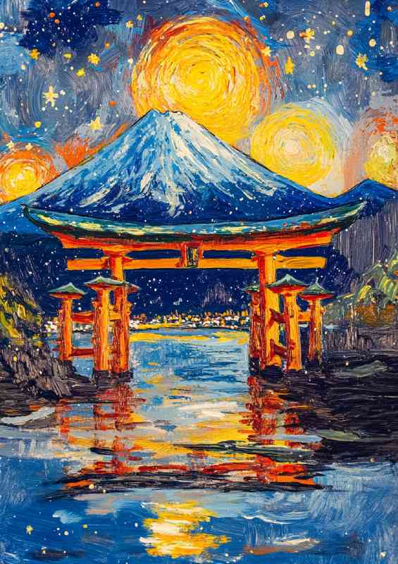 Van Gough style tori gate with mount fuji | Metal Poster