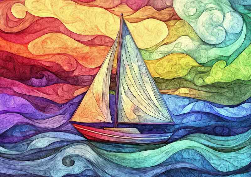 Sailboat on the sea surrounded by swirling waves | Poster