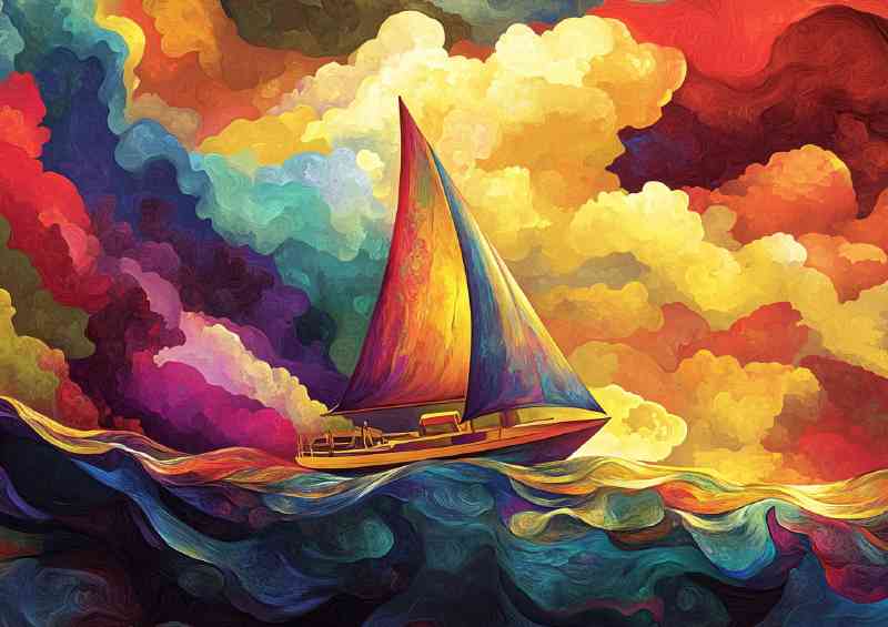 Sailboat sailing through the waves of an smokey clouds | Metal Poster