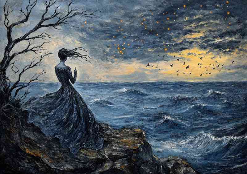 Woman in a long dress standing on a cliff | Di-Bond