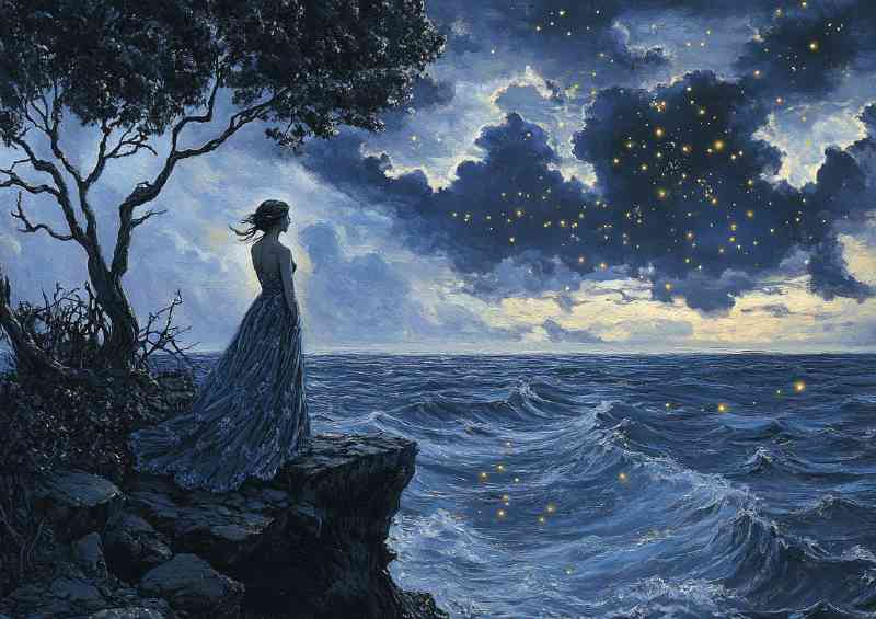 Woman in a long dress standing on a cliff looking at the sea | Metal Poster