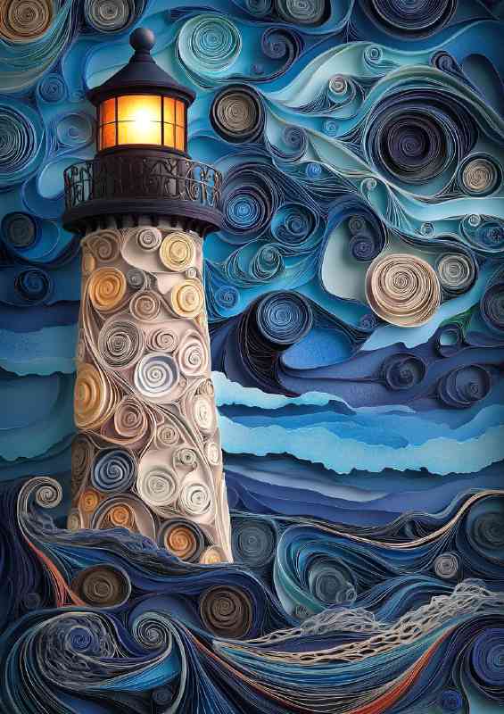 A lighthouse with intricate patterns on its side stands | Metal Poster