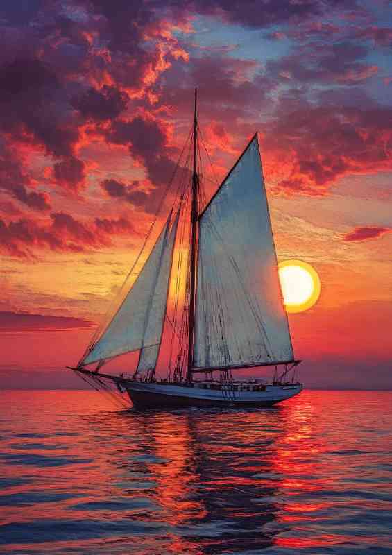 A sailboat with white sails sailing on the sea at sunset | Poster