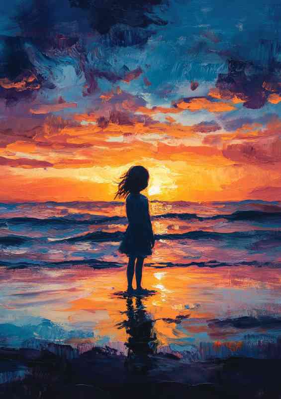A silhouette of a little girl standing on the beach | Metal Poster