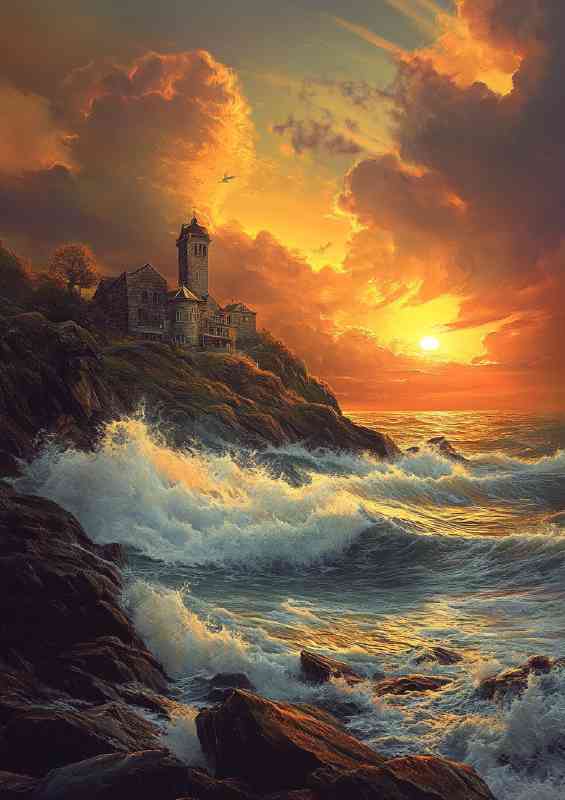 Coastal sunset over the cliffs of Guernsey with waves | Poster