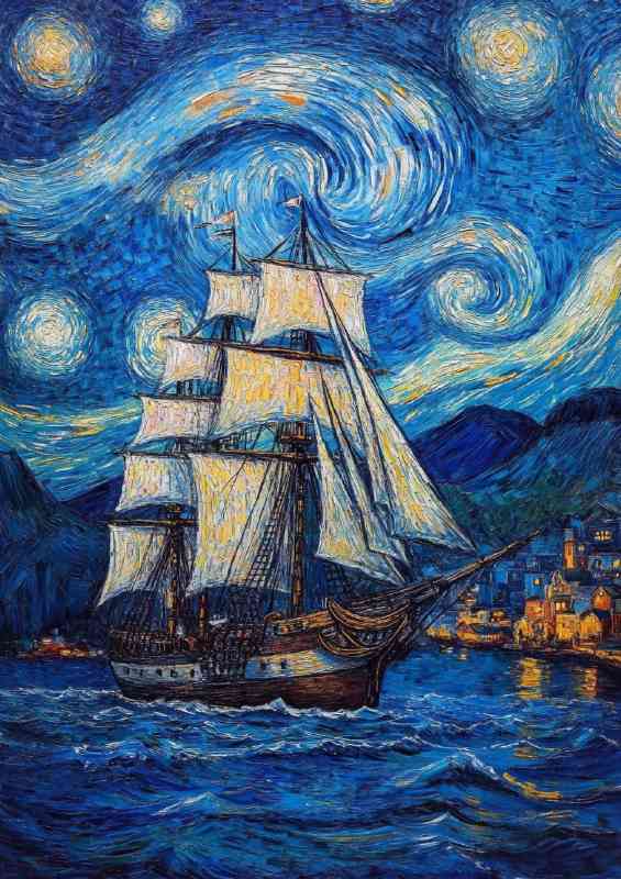 Large ship sailing on the sea in the style of Van gough | Canvas