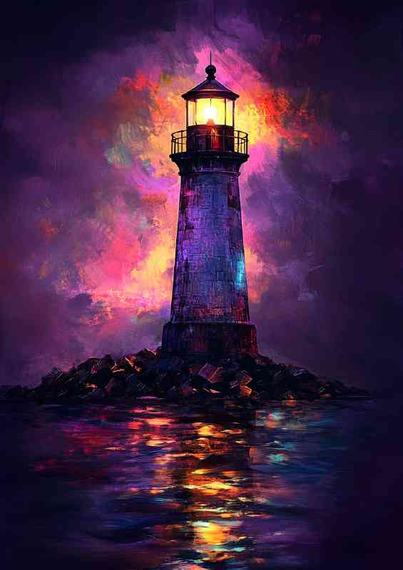 Lighthouse at night illuminated by the soft glow of darkness | Poster