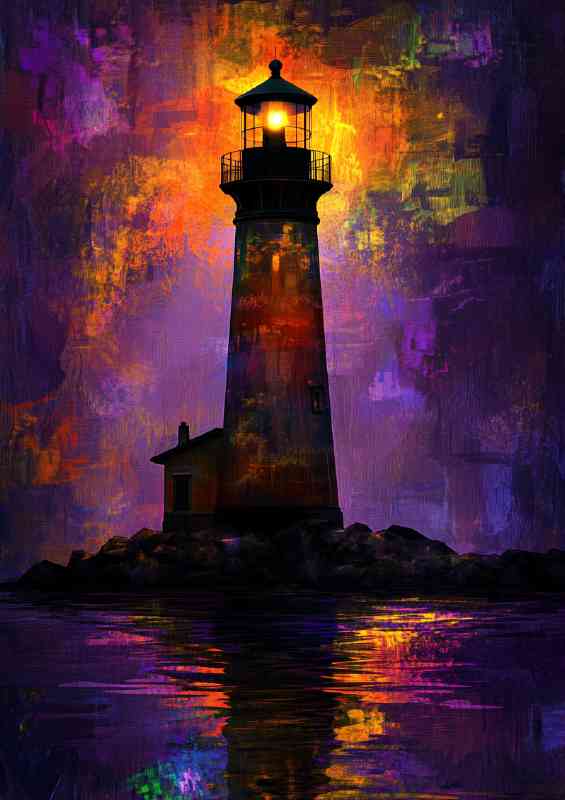 Lighthouse at night illuminated by the soft glow of yellow | Poster