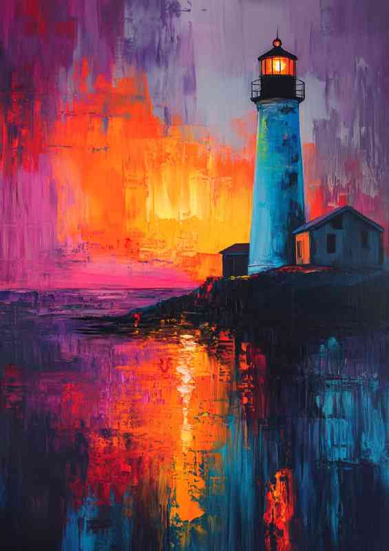 Lighthouse shines its light on the night sea | Canvas